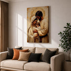 Painting of the Holy Family showing Mary, Joseph, and the infant Jesus gathered closely together with soft halos behind their heads, rendered in a warm Renaissance inspired style with earthy tones, gentle lighting, flowing garments, and tender expressions as the parents cradle the child in a calm devotional composition emphasizing intimacy, faith, and familial connection.