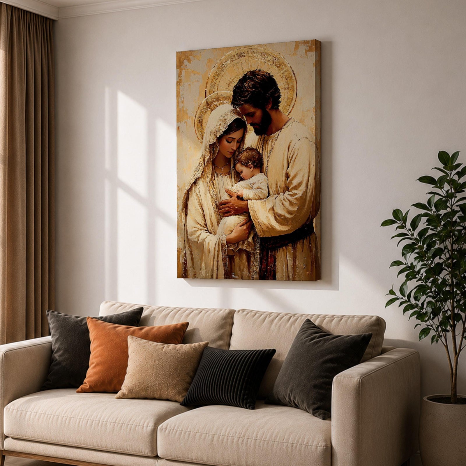 Painting of the Holy Family showing Mary, Joseph, and the infant Jesus gathered closely together with soft halos behind their heads, rendered in a warm Renaissance inspired style with earthy tones, gentle lighting, flowing garments, and tender expressions as the parents cradle the child in a calm devotional composition emphasizing intimacy, faith, and familial connection.