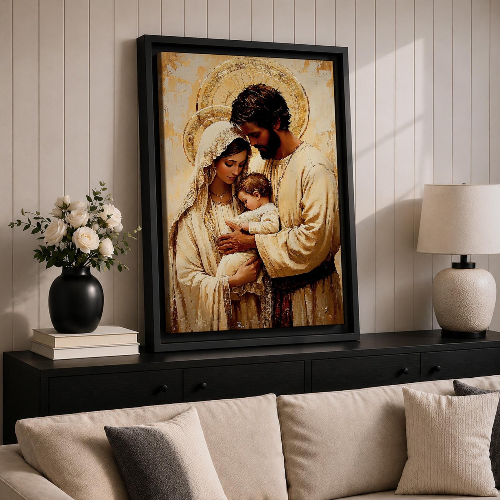 Painting of the Holy Family showing Mary, Joseph, and the infant Jesus gathered closely together with soft halos behind their heads, rendered in a warm Renaissance inspired style with earthy tones, gentle lighting, flowing garments, and tender expressions as the parents cradle the child in a calm devotional composition emphasizing intimacy, faith, and familial connection.