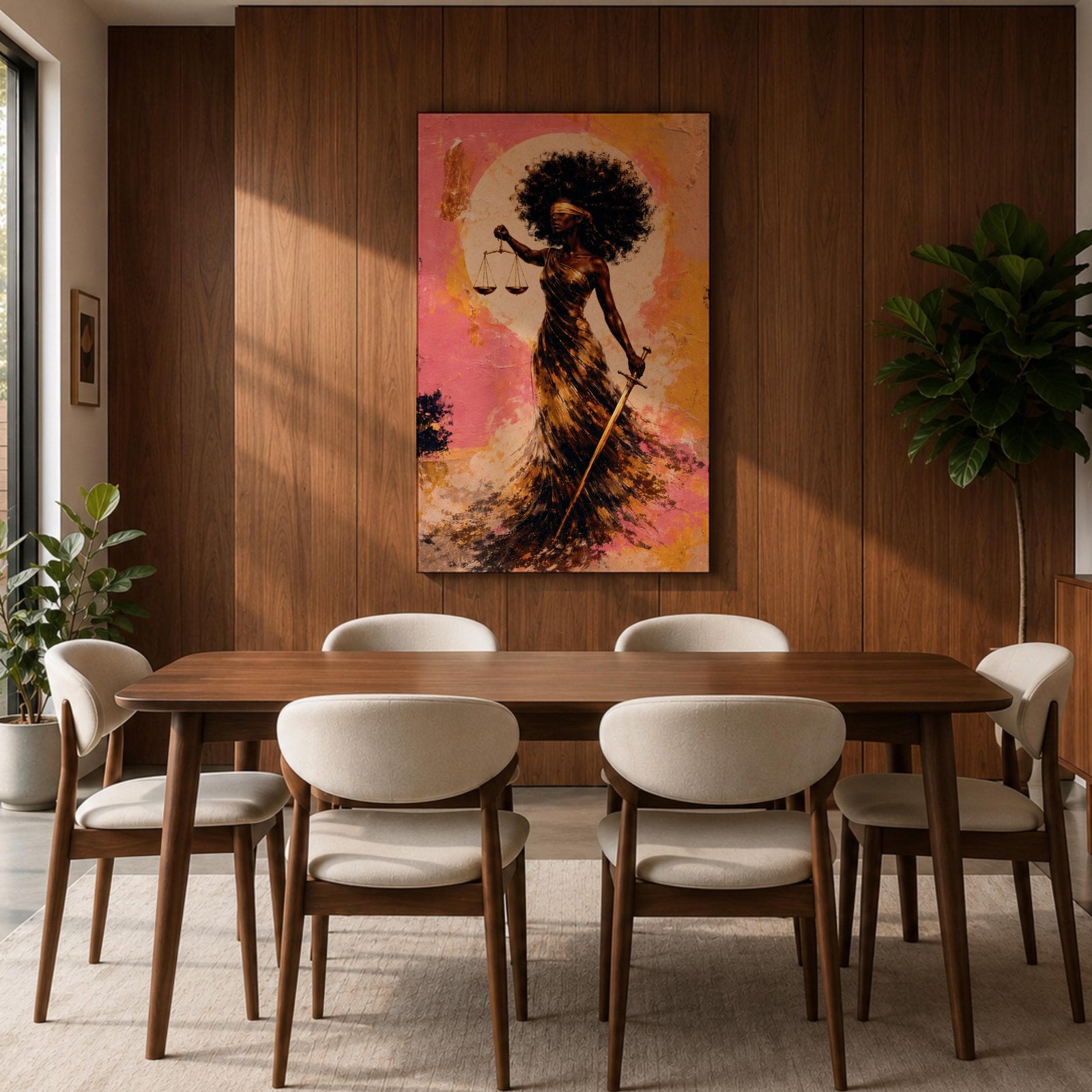 An abstract painting of Lady Justice depicted as a Black woman with a blindfold and voluminous afro, holding balanced scales and a sword, her flowing dress rendered in layered gold and earthy brushstrokes set against a textured pink and warm-toned background with a circular glowing form behind her.