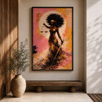 An abstract painting of Lady Justice depicted as a Black woman with a blindfold and voluminous afro, holding balanced scales and a sword, her flowing dress rendered in layered gold and earthy brushstrokes set against a textured pink and warm-toned background with a circular glowing form behind her.