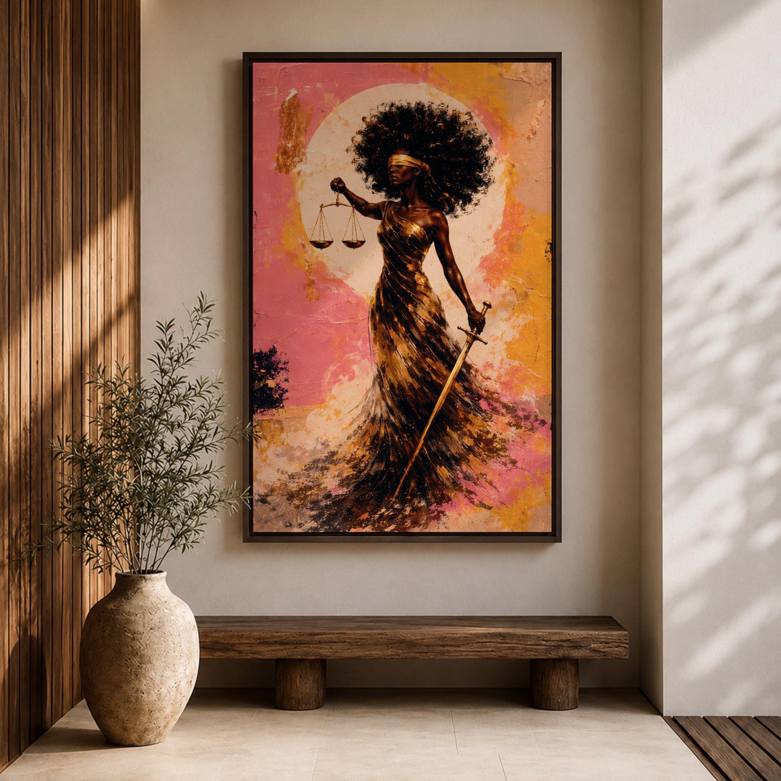 An abstract painting of Lady Justice depicted as a Black woman with a blindfold and voluminous afro, holding balanced scales and a sword, her flowing dress rendered in layered gold and earthy brushstrokes set against a textured pink and warm-toned background with a circular glowing form behind her.