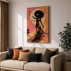 An abstract painting of Lady Justice depicted as a Black woman with a blindfold and voluminous afro, holding balanced scales and a sword, her flowing dress rendered in layered gold and earthy brushstrokes set against a textured pink and warm-toned background with a circular glowing form behind her.