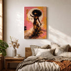 An abstract painting of Lady Justice depicted as a Black woman with a blindfold and voluminous afro, holding balanced scales and a sword, her flowing dress rendered in layered gold and earthy brushstrokes set against a textured pink and warm-toned background with a circular glowing form behind her.