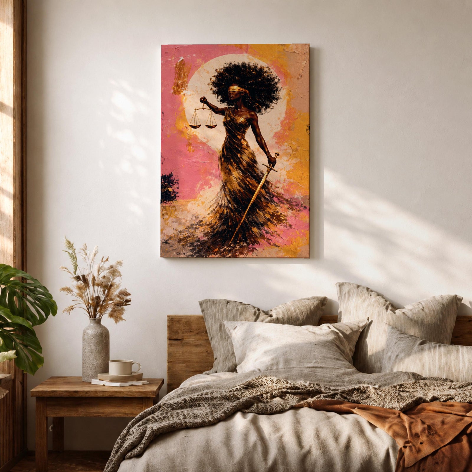 An abstract painting of Lady Justice depicted as a Black woman with a blindfold and voluminous afro, holding balanced scales and a sword, her flowing dress rendered in layered gold and earthy brushstrokes set against a textured pink and warm-toned background with a circular glowing form behind her.