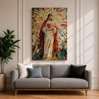 A vibrant mosaic artwork depicting the Sacred Heart of Jesus with radiant geometric stained glass tiles. The figure is shown holding a heart with rays emanating outward, framed in wood, combining traditional religious iconography with a colorful mosaic style.