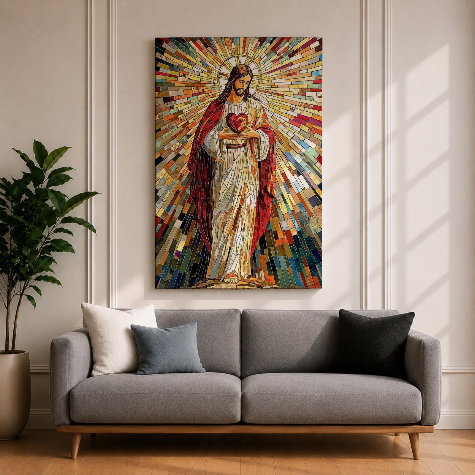 A vibrant mosaic artwork depicting the Sacred Heart of Jesus with radiant geometric stained glass tiles. The figure is shown holding a heart with rays emanating outward, framed in wood, combining traditional religious iconography with a colorful mosaic style.