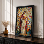 A vibrant mosaic artwork depicting the Sacred Heart of Jesus with radiant geometric stained glass tiles. The figure is shown holding a heart with rays emanating outward, framed in wood, combining traditional religious iconography with a colorful mosaic style.