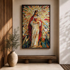A vibrant mosaic artwork depicting the Sacred Heart of Jesus with radiant geometric stained glass tiles. The figure is shown holding a heart with rays emanating outward, framed in wood, combining traditional religious iconography with a colorful mosaic style.