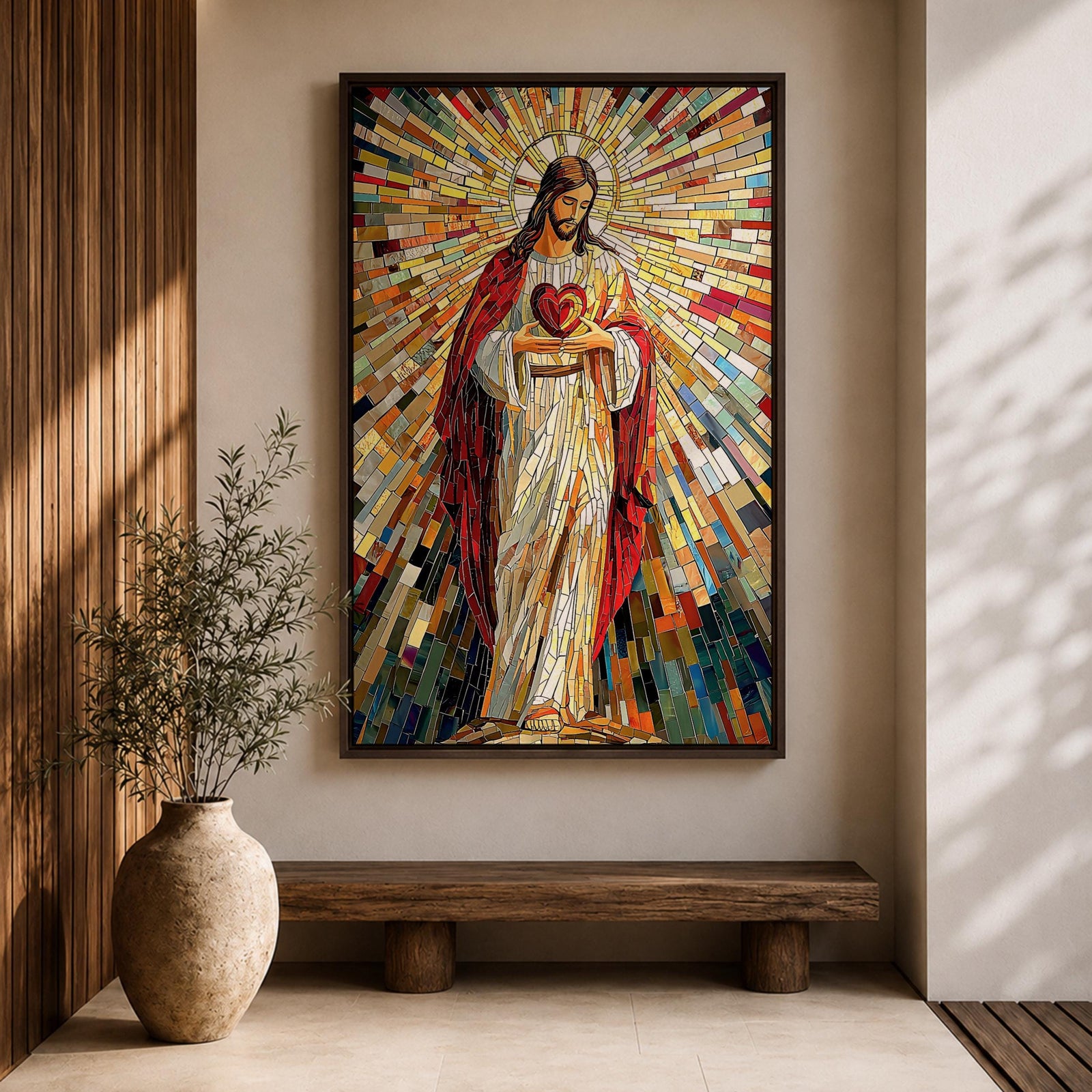 A vibrant mosaic artwork depicting the Sacred Heart of Jesus with radiant geometric stained glass tiles. The figure is shown holding a heart with rays emanating outward, framed in wood, combining traditional religious iconography with a colorful mosaic style.