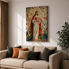 A vibrant mosaic artwork depicting the Sacred Heart of Jesus with radiant geometric stained glass tiles. The figure is shown holding a heart with rays emanating outward, framed in wood, combining traditional religious iconography with a colorful mosaic style.