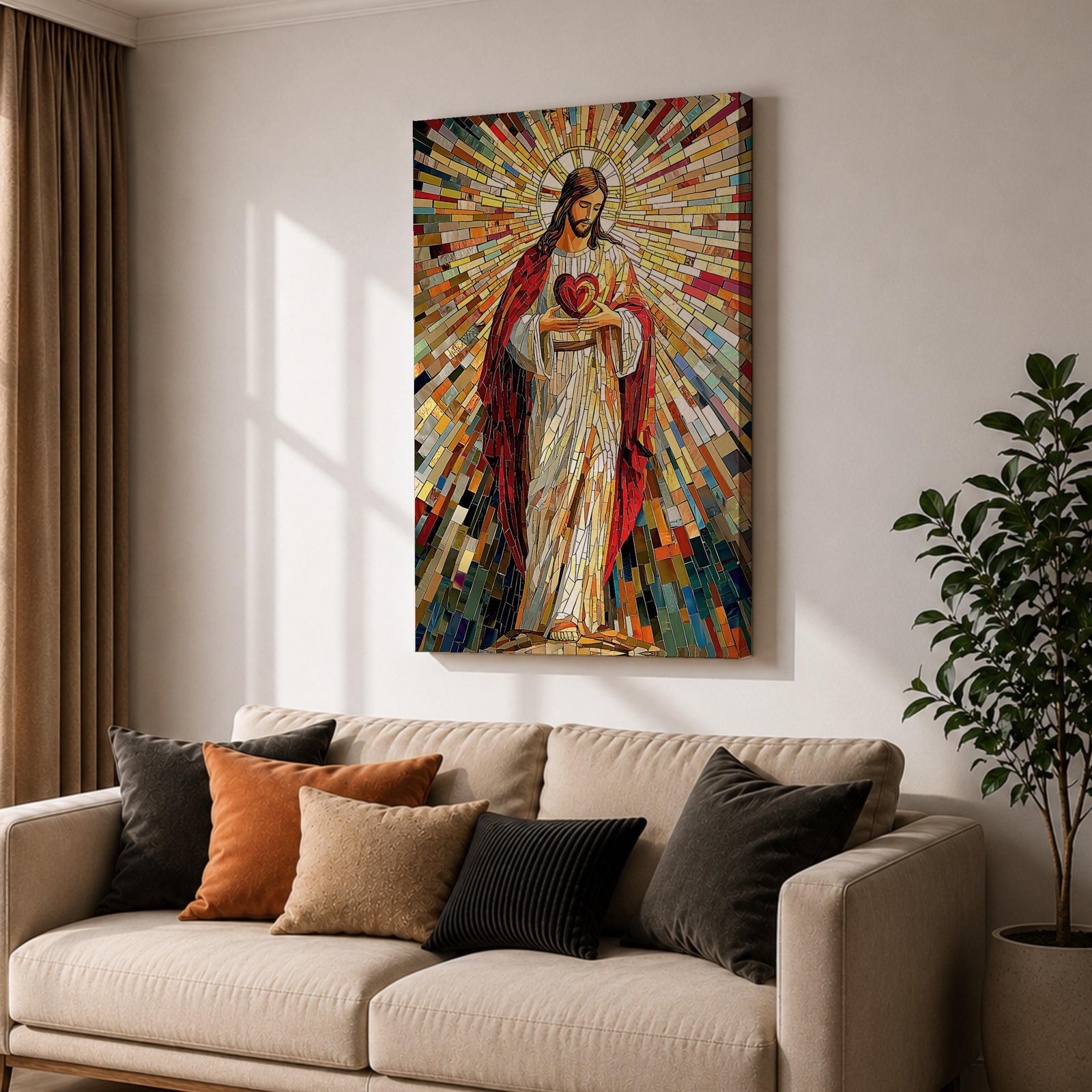 A vibrant mosaic artwork depicting the Sacred Heart of Jesus with radiant geometric stained glass tiles. The figure is shown holding a heart with rays emanating outward, framed in wood, combining traditional religious iconography with a colorful mosaic style.