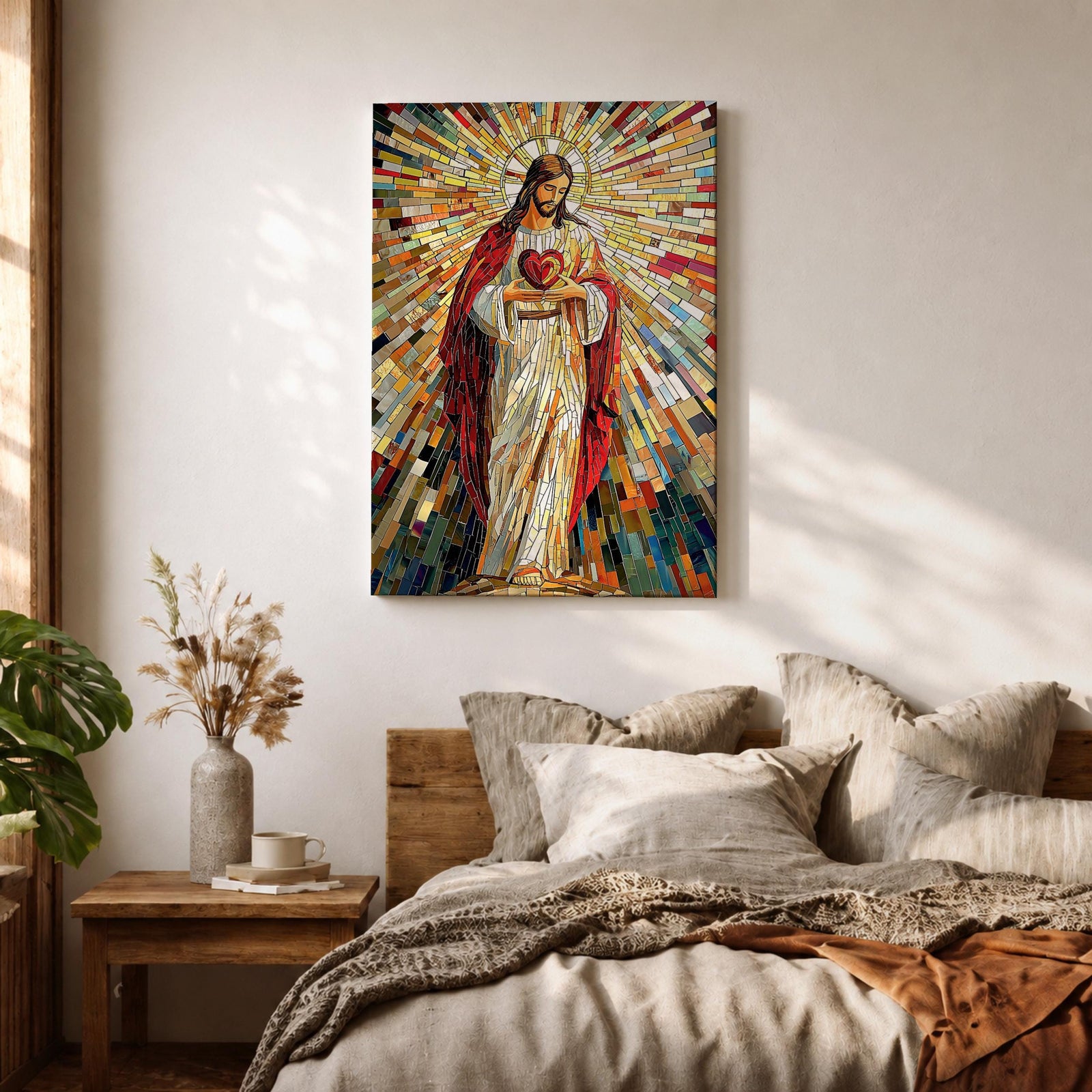 A vibrant mosaic artwork depicting the Sacred Heart of Jesus with radiant geometric stained glass tiles. The figure is shown holding a heart with rays emanating outward, framed in wood, combining traditional religious iconography with a colorful mosaic style.