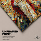 A vibrant mosaic artwork depicting the Sacred Heart of Jesus with radiant geometric stained glass tiles. The figure is shown holding a heart with rays emanating outward, framed in wood, combining traditional religious iconography with a colorful mosaic style.