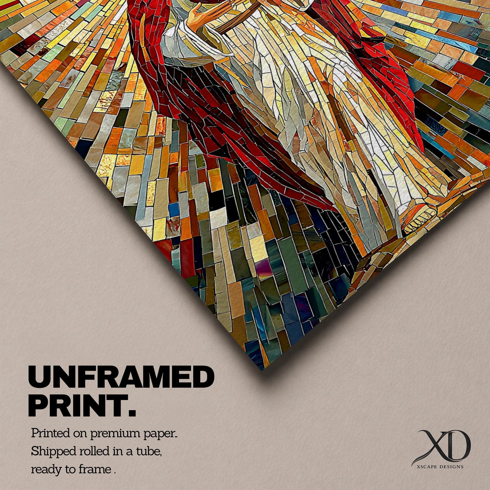 A vibrant mosaic artwork depicting the Sacred Heart of Jesus with radiant geometric stained glass tiles. The figure is shown holding a heart with rays emanating outward, framed in wood, combining traditional religious iconography with a colorful mosaic style.