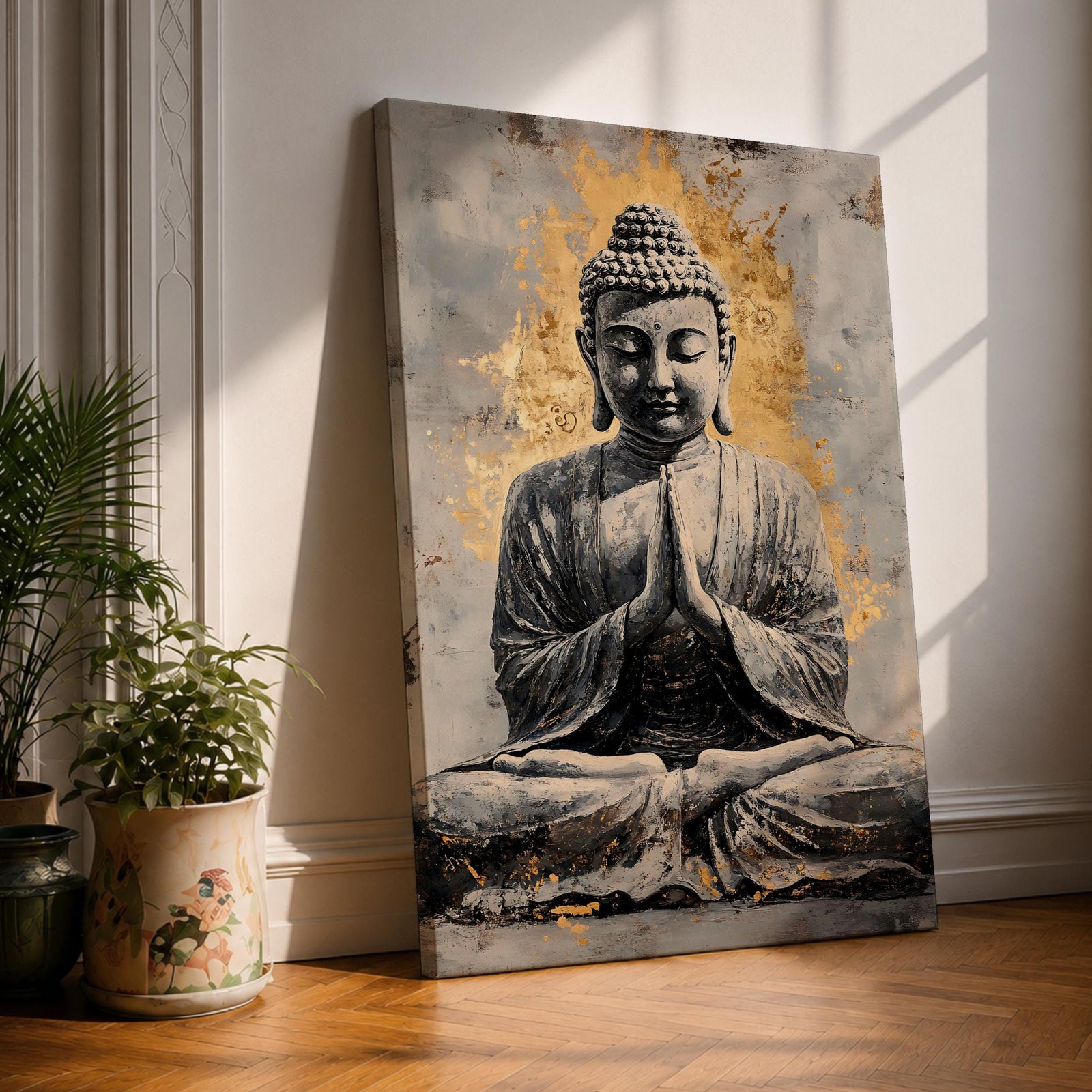 A vintage-style framed canvas wall art depicting Buddha in a seated meditation pose with hands in prayer gesture. The artwork features textured, aged effects with a warm background, emphasizing a serene and contemplative Buddhist theme in a classic vintage visual style.
