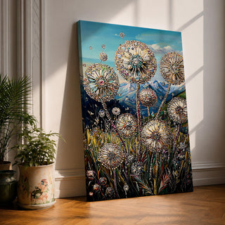 A detailed painting of dandelion puffballs in a natural field setting with intricate floral elements and a blue sky background. The artwork captures the delicate seed heads with fine detail and vibrant botanical imagery, emphasizing nature’s beauty in a realistic floral style.