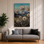 A detailed painting of dandelion puffballs in a natural field setting with intricate floral elements and a blue sky background. The artwork captures the delicate seed heads with fine detail and vibrant botanical imagery, emphasizing nature’s beauty in a realistic floral style.