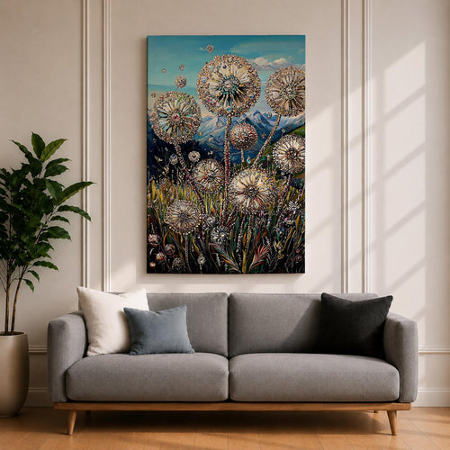 A detailed painting of dandelion puffballs in a natural field setting with intricate floral elements and a blue sky background. The artwork captures the delicate seed heads with fine detail and vibrant botanical imagery, emphasizing nature’s beauty in a realistic floral style.