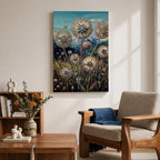 A detailed painting of dandelion puffballs in a natural field setting with intricate floral elements and a blue sky background. The artwork captures the delicate seed heads with fine detail and vibrant botanical imagery, emphasizing nature’s beauty in a realistic floral style.