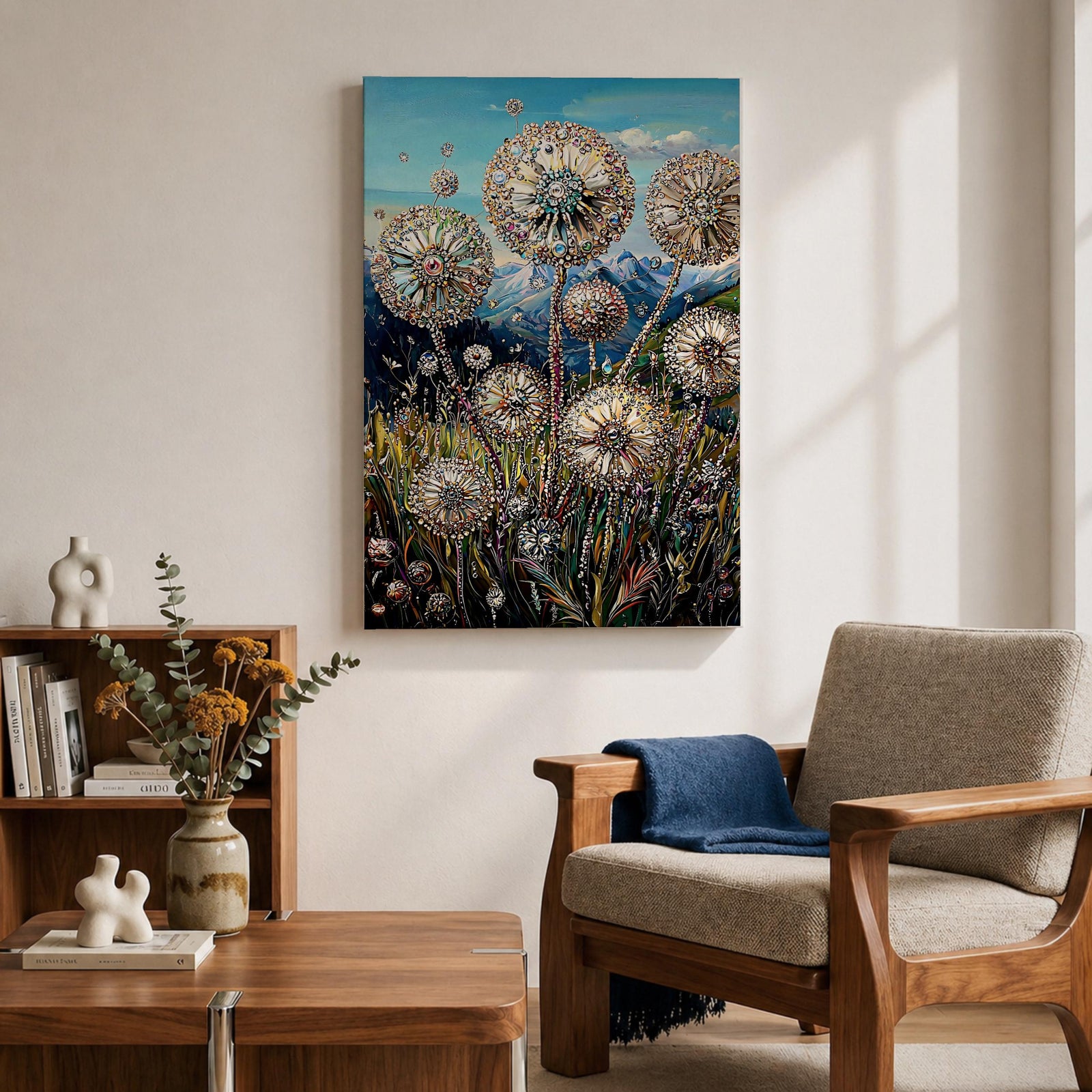 A detailed painting of dandelion puffballs in a natural field setting with intricate floral elements and a blue sky background. The artwork captures the delicate seed heads with fine detail and vibrant botanical imagery, emphasizing nature’s beauty in a realistic floral style.