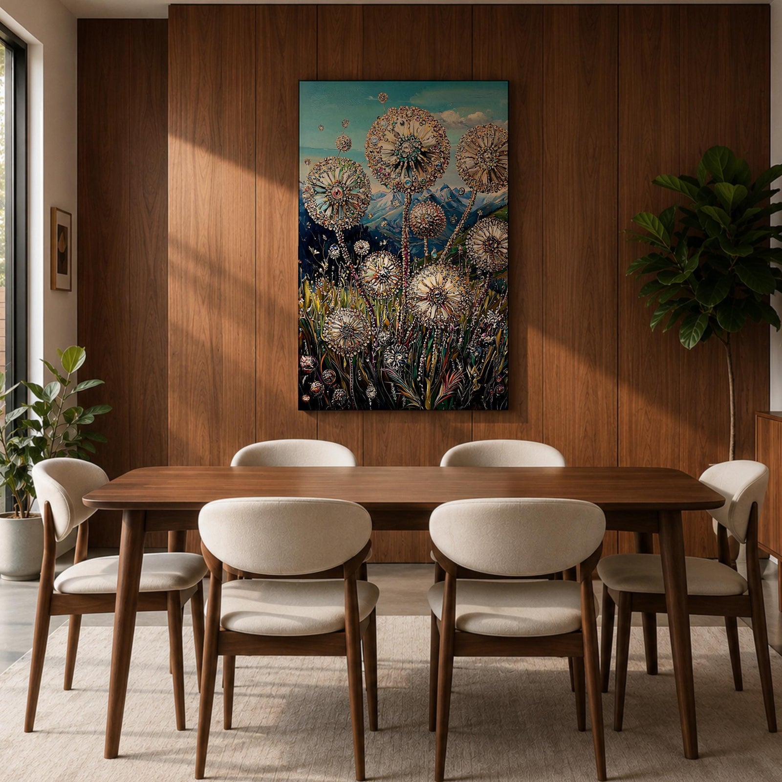 A detailed painting of dandelion puffballs in a natural field setting with intricate floral elements and a blue sky background. The artwork captures the delicate seed heads with fine detail and vibrant botanical imagery, emphasizing nature’s beauty in a realistic floral style.