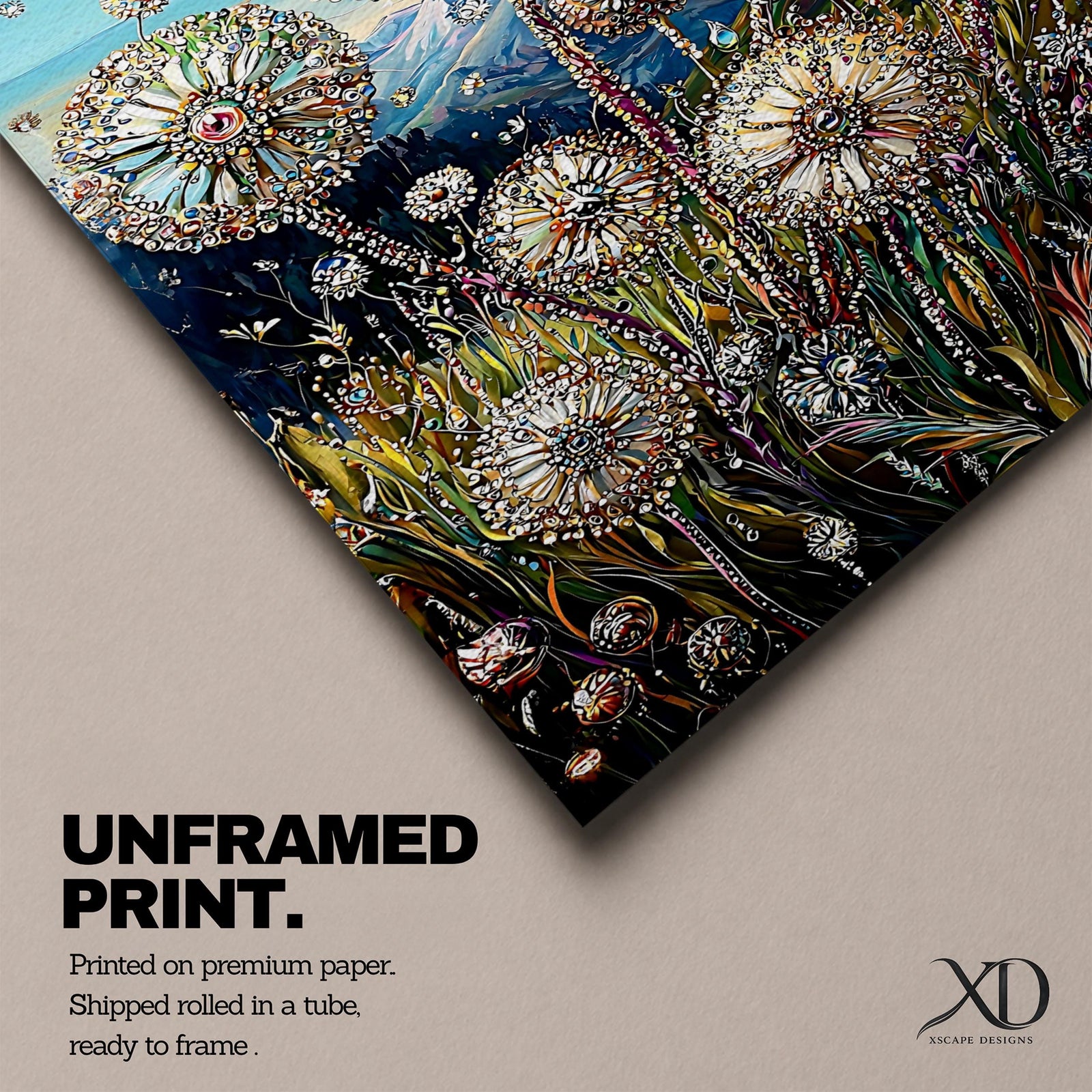 A detailed painting of dandelion puffballs in a natural field setting with intricate floral elements and a blue sky background. The artwork captures the delicate seed heads with fine detail and vibrant botanical imagery, emphasizing nature’s beauty in a realistic floral style.