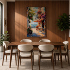 A vibrant Mediterranean café scene featuring a cozy outdoor patio with tables and chairs, colorful flowers cascading from balconies, and a distant view of the sea. The artwork captures a lively coastal atmosphere with impressionistic brushstrokes and rich textures, evoking a warm and inviting cityscape.