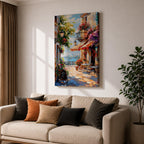 A vibrant Mediterranean café scene featuring a cozy outdoor patio with tables and chairs, colorful flowers cascading from balconies, and a distant view of the sea. The artwork captures a lively coastal atmosphere with impressionistic brushstrokes and rich textures, evoking a warm and inviting cityscape.