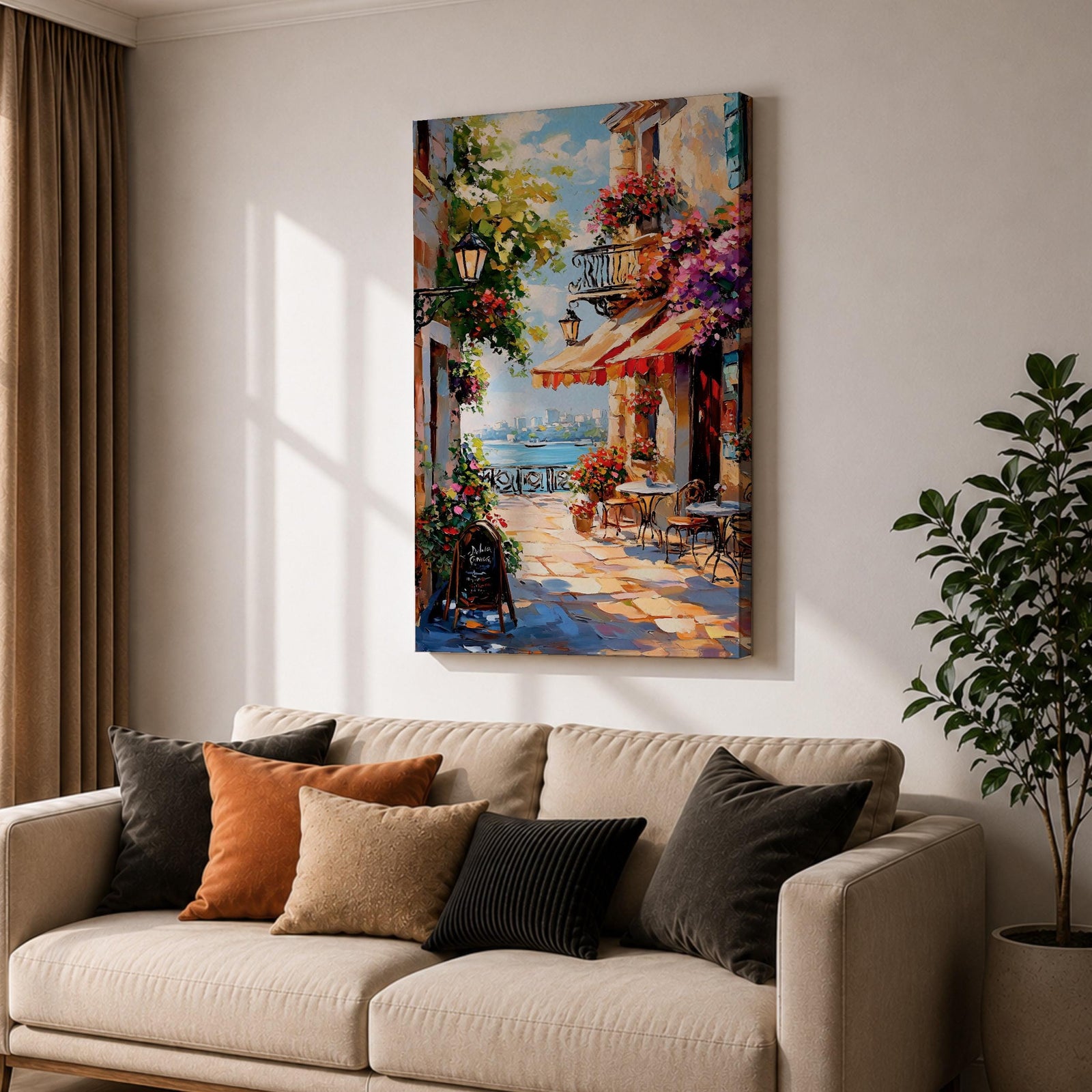 A vibrant Mediterranean café scene featuring a cozy outdoor patio with tables and chairs, colorful flowers cascading from balconies, and a distant view of the sea. The artwork captures a lively coastal atmosphere with impressionistic brushstrokes and rich textures, evoking a warm and inviting cityscape.