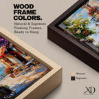 A vibrant Mediterranean café scene featuring a cozy outdoor patio with tables and chairs, colorful flowers cascading from balconies, and a distant view of the sea. The artwork captures a lively coastal atmosphere with impressionistic brushstrokes and rich textures, evoking a warm and inviting cityscape.