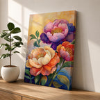 A vibrant floral artwork featuring three large peony blossoms in shades of purple, pink, orange, and cream with detailed petals and green leaves against a softly textured background, rendered in a realistic botanical style emphasizing natural form and color.