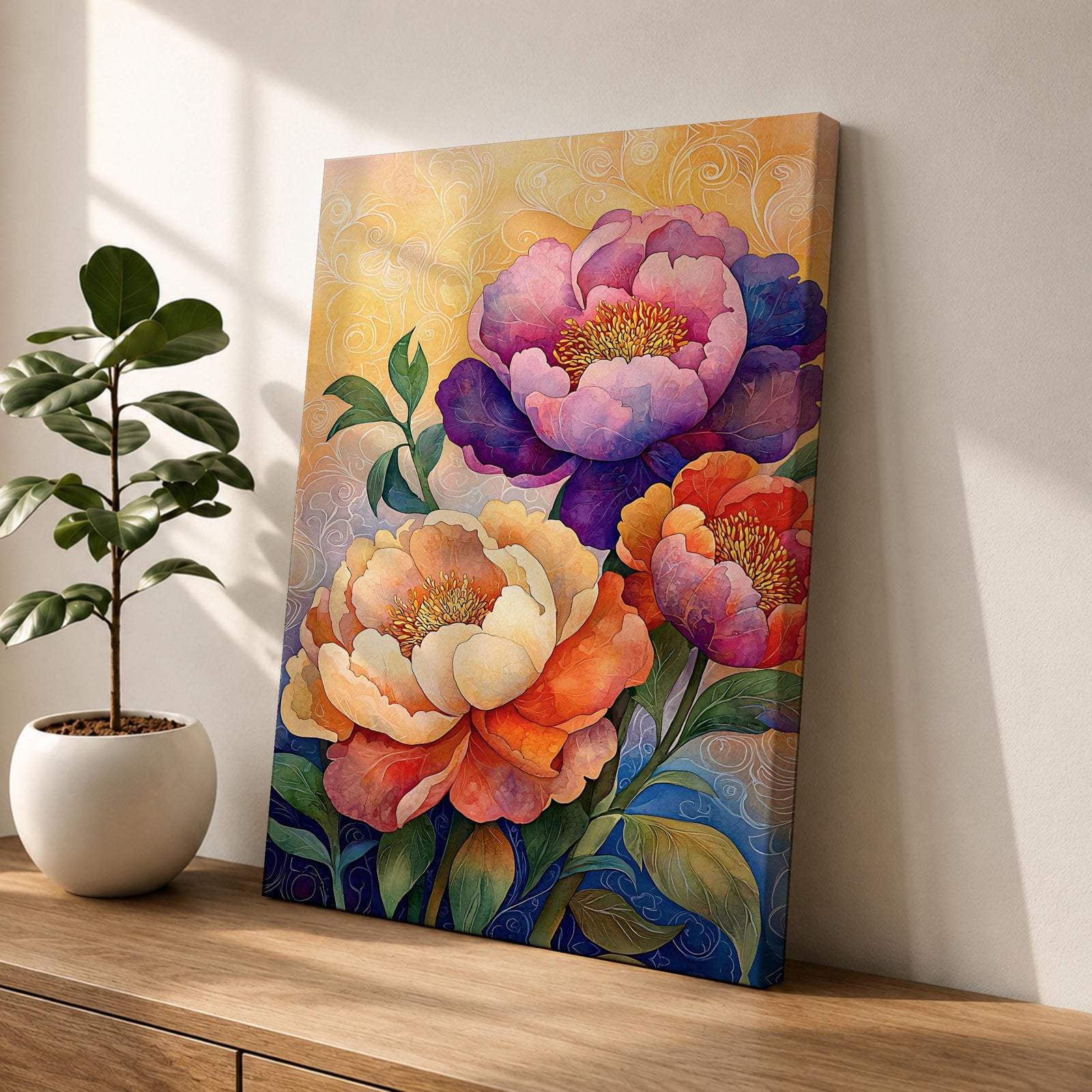 A vibrant floral artwork featuring three large peony blossoms in shades of purple, pink, orange, and cream with detailed petals and green leaves against a softly textured background, rendered in a realistic botanical style emphasizing natural form and color.
