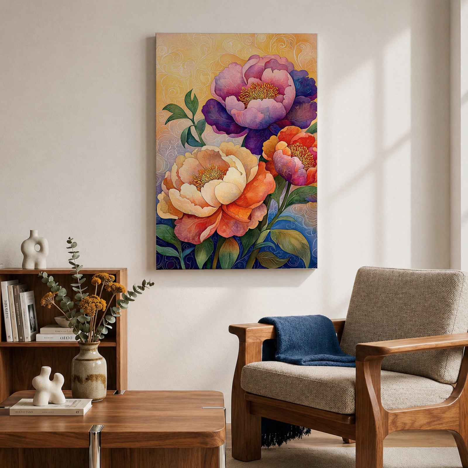 A vibrant floral artwork featuring three large peony blossoms in shades of purple, pink, orange, and cream with detailed petals and green leaves against a softly textured background, rendered in a realistic botanical style emphasizing natural form and color.