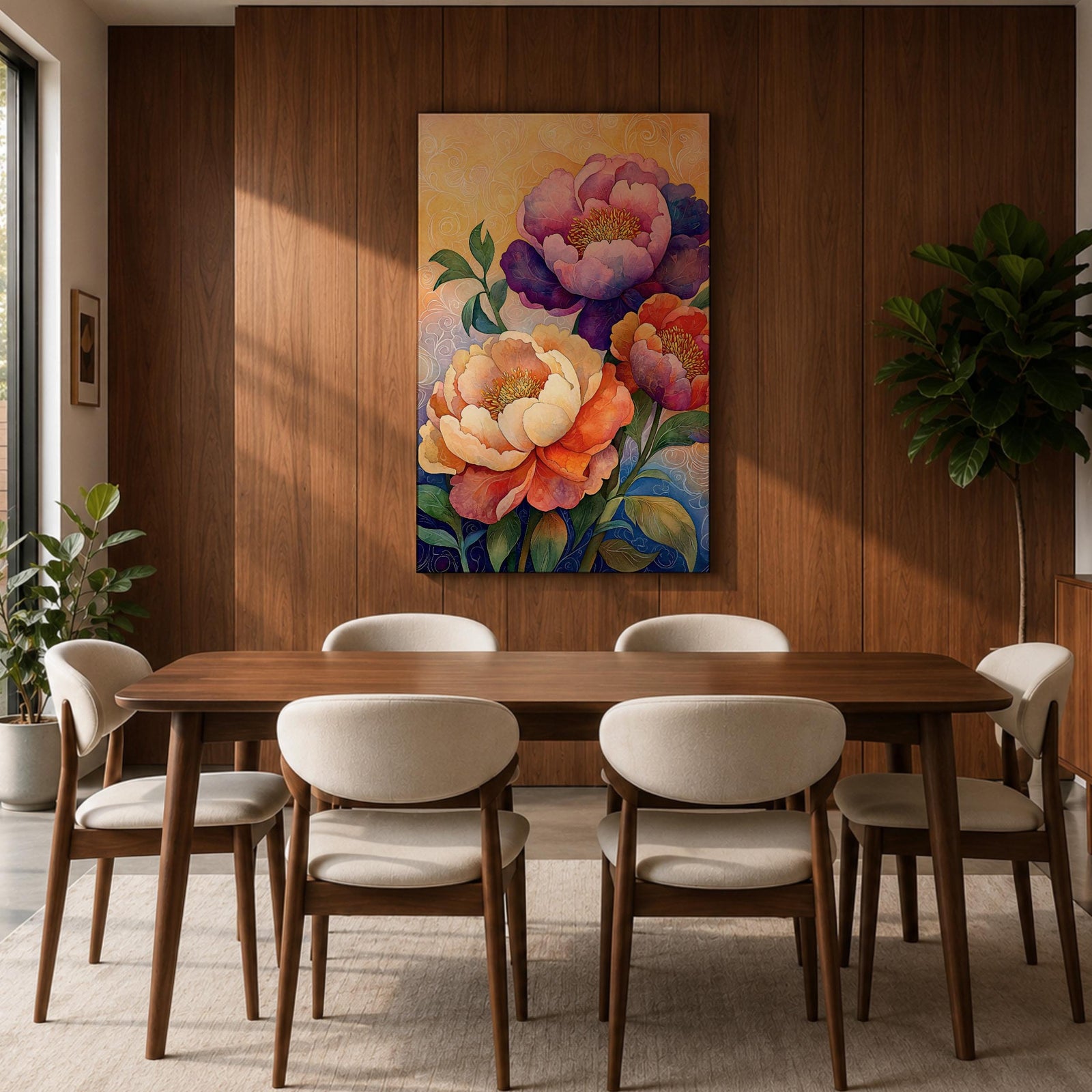 A vibrant floral artwork featuring three large peony blossoms in shades of purple, pink, orange, and cream with detailed petals and green leaves against a softly textured background, rendered in a realistic botanical style emphasizing natural form and color.