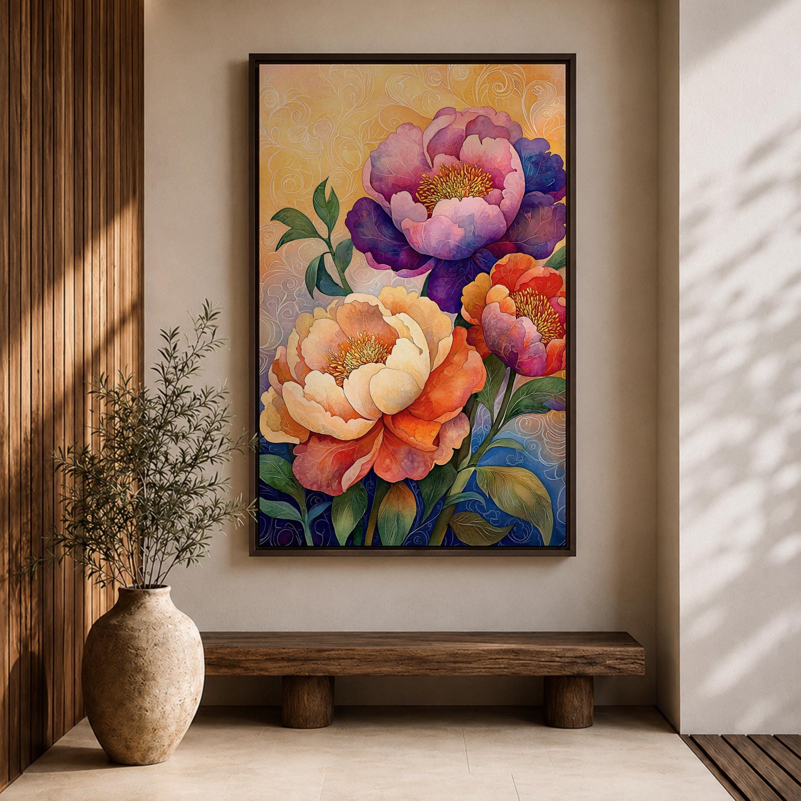 A vibrant floral artwork featuring three large peony blossoms in shades of purple, pink, orange, and cream with detailed petals and green leaves against a softly textured background, rendered in a realistic botanical style emphasizing natural form and color.