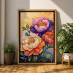 A vibrant floral artwork featuring three large peony blossoms in shades of purple, pink, orange, and cream with detailed petals and green leaves against a softly textured background, rendered in a realistic botanical style emphasizing natural form and color.