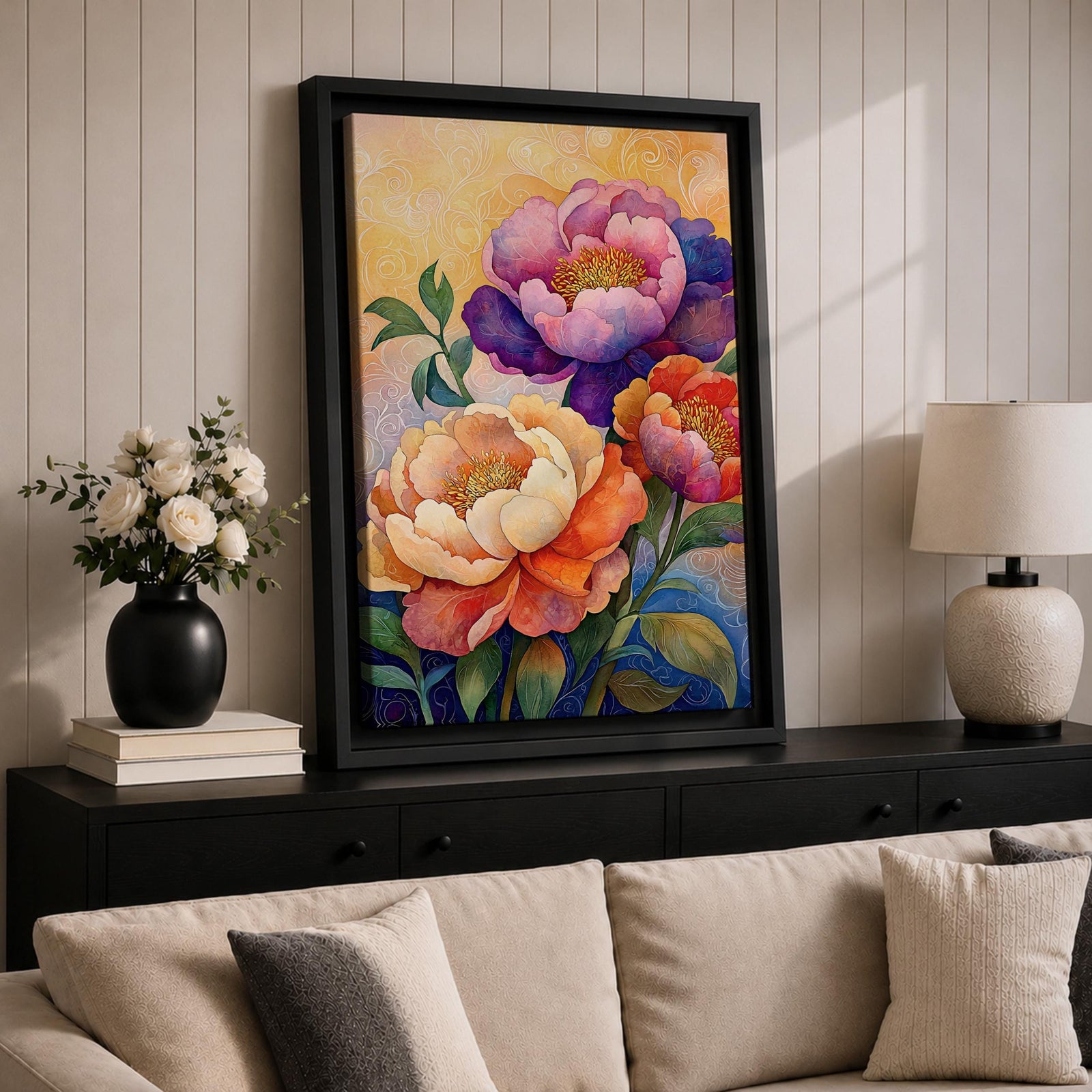 A vibrant floral artwork featuring three large peony blossoms in shades of purple, pink, orange, and cream with detailed petals and green leaves against a softly textured background, rendered in a realistic botanical style emphasizing natural form and color.