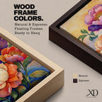 A vibrant floral artwork featuring three large peony blossoms in shades of purple, pink, orange, and cream with detailed petals and green leaves against a softly textured background, rendered in a realistic botanical style emphasizing natural form and color.