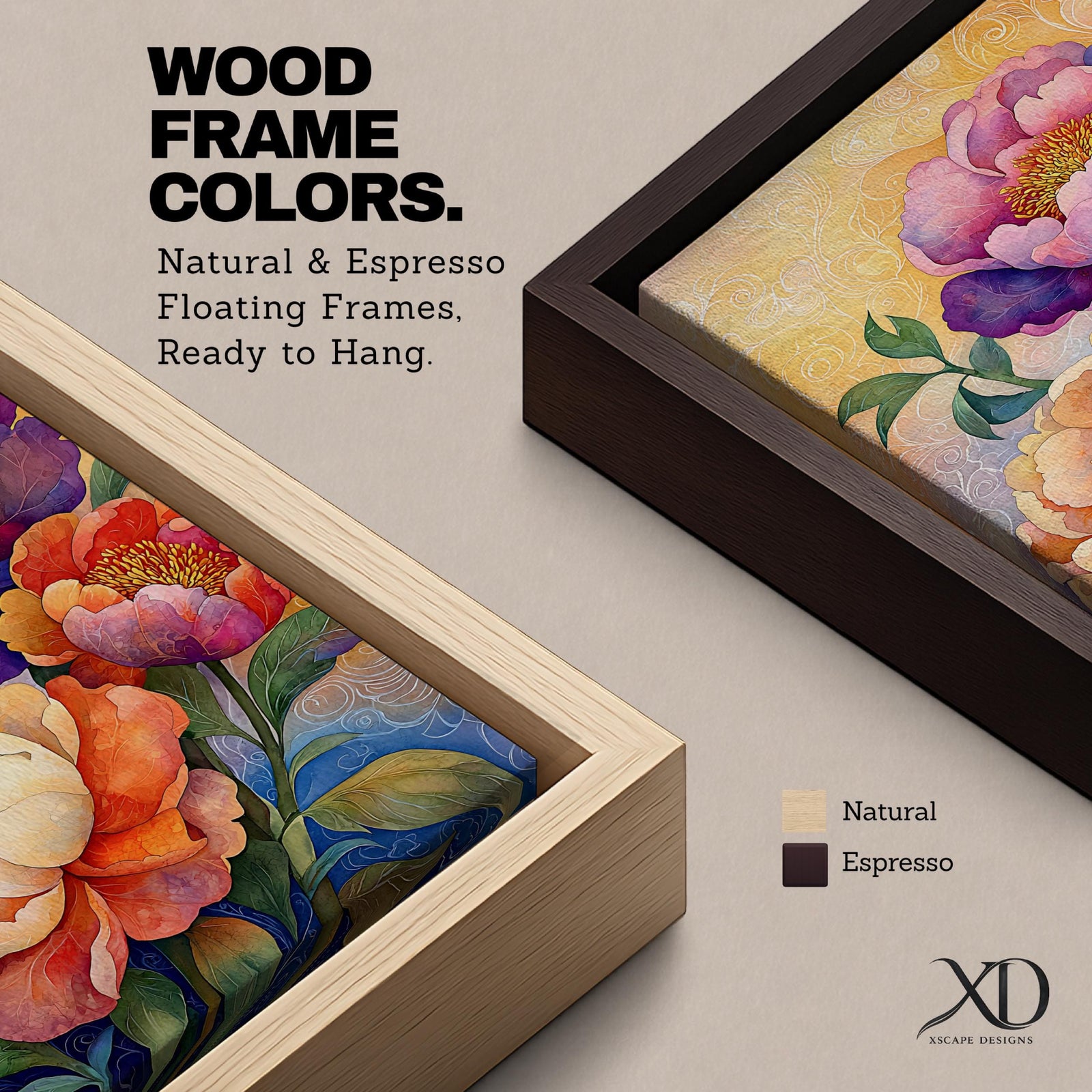 A vibrant floral artwork featuring three large peony blossoms in shades of purple, pink, orange, and cream with detailed petals and green leaves against a softly textured background, rendered in a realistic botanical style emphasizing natural form and color.