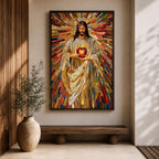 A vibrant mosaic stained glass style artwork depicting the Sacred Heart of Jesus holding a glowing heart. The image features intricate geometric glass fragments in warm tones radiating outward, emphasizing the central figure with flowing robes and a halo behind his head, rendered in a religious mosaic style.