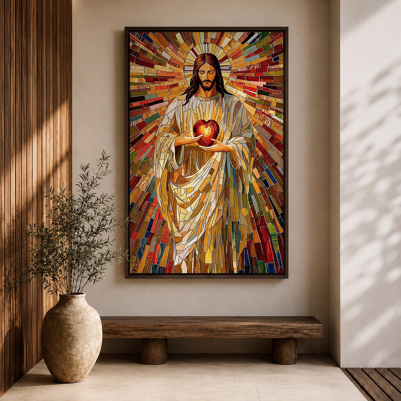 A vibrant mosaic stained glass style artwork depicting the Sacred Heart of Jesus holding a glowing heart. The image features intricate geometric glass fragments in warm tones radiating outward, emphasizing the central figure with flowing robes and a halo behind his head, rendered in a religious mosaic style.