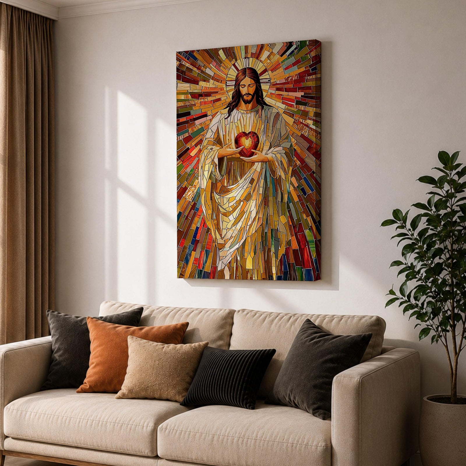 A vibrant mosaic stained glass style artwork depicting the Sacred Heart of Jesus holding a glowing heart. The image features intricate geometric glass fragments in warm tones radiating outward, emphasizing the central figure with flowing robes and a halo behind his head, rendered in a religious mosaic style.