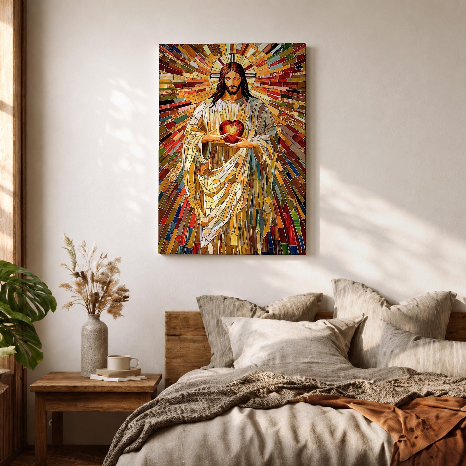 A vibrant mosaic stained glass style artwork depicting the Sacred Heart of Jesus holding a glowing heart. The image features intricate geometric glass fragments in warm tones radiating outward, emphasizing the central figure with flowing robes and a halo behind his head, rendered in a religious mosaic style.