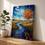 An impasto style oil painting depicting an autumn river winding through a vibrant landscape with colorful fall foliage, swirling water patterns, and a bright sky with clouds. The textured brushstrokes emphasize the natural scene of a river flowing between grassy fields and trees in autumn.