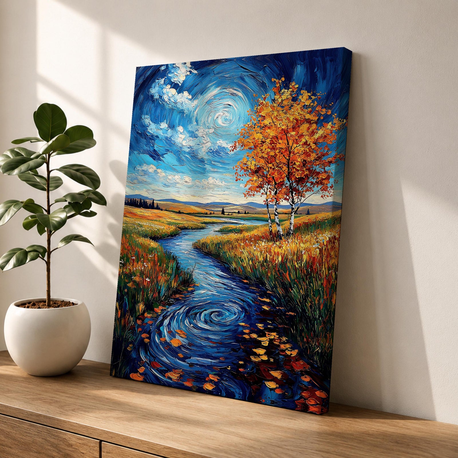 An impasto style oil painting depicting an autumn river winding through a vibrant landscape with colorful fall foliage, swirling water patterns, and a bright sky with clouds. The textured brushstrokes emphasize the natural scene of a river flowing between grassy fields and trees in autumn.