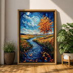 An impasto style oil painting depicting an autumn river winding through a vibrant landscape with colorful fall foliage, swirling water patterns, and a bright sky with clouds. The textured brushstrokes emphasize the natural scene of a river flowing between grassy fields and trees in autumn.