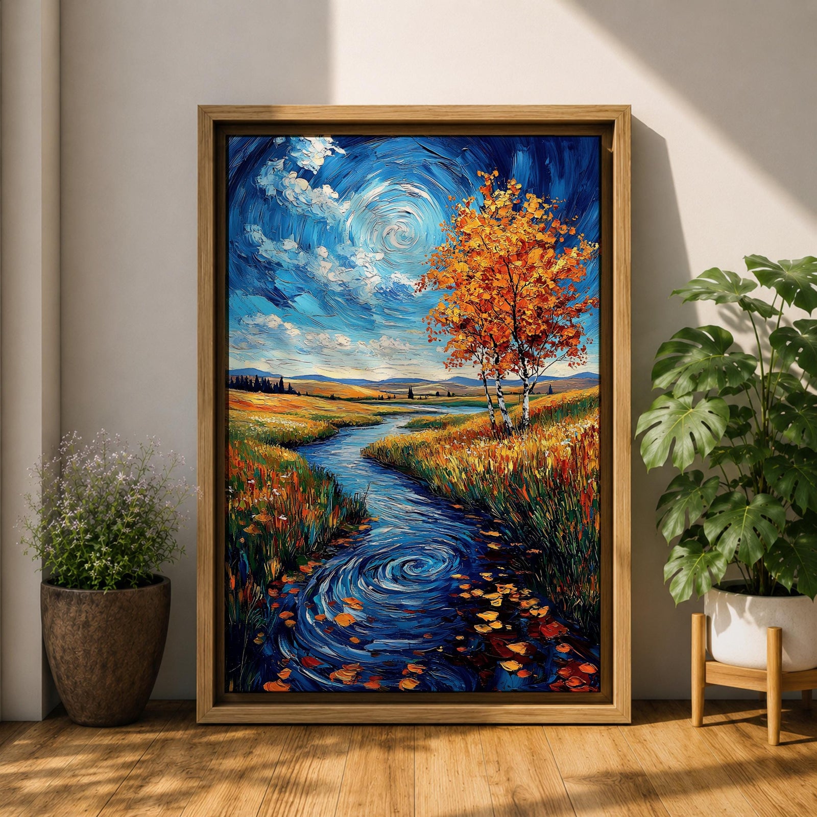An impasto style oil painting depicting an autumn river winding through a vibrant landscape with colorful fall foliage, swirling water patterns, and a bright sky with clouds. The textured brushstrokes emphasize the natural scene of a river flowing between grassy fields and trees in autumn.