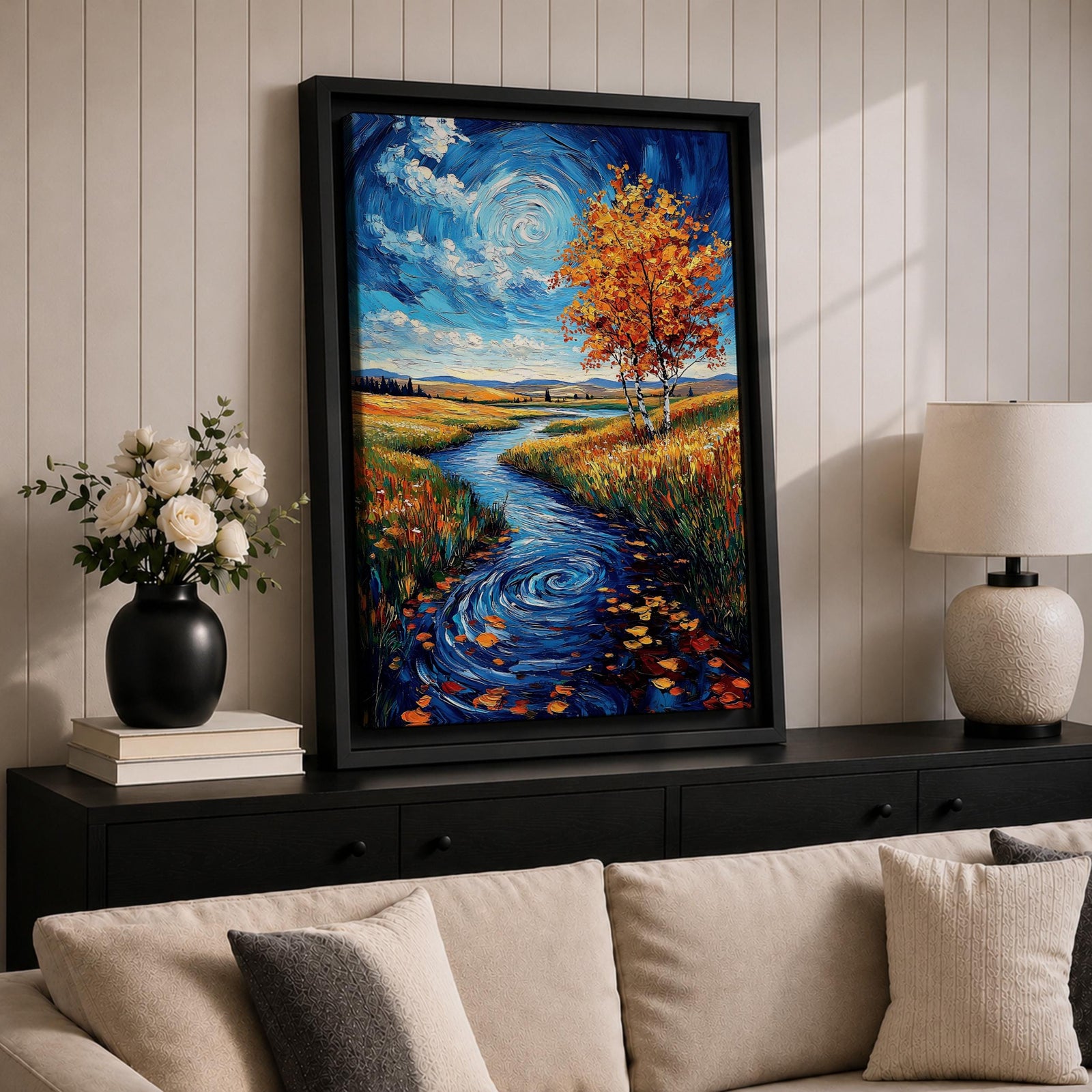 An impasto style oil painting depicting an autumn river winding through a vibrant landscape with colorful fall foliage, swirling water patterns, and a bright sky with clouds. The textured brushstrokes emphasize the natural scene of a river flowing between grassy fields and trees in autumn.