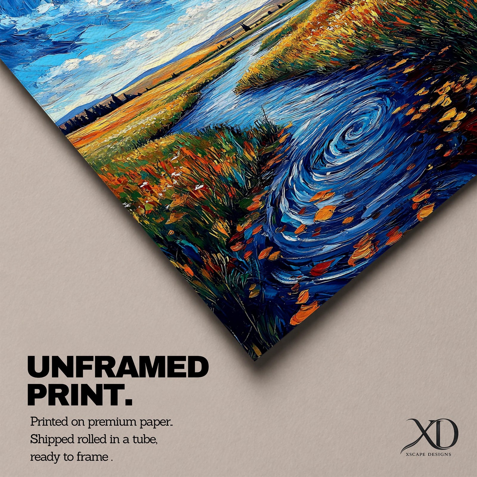 An impasto style oil painting depicting an autumn river winding through a vibrant landscape with colorful fall foliage, swirling water patterns, and a bright sky with clouds. The textured brushstrokes emphasize the natural scene of a river flowing between grassy fields and trees in autumn.